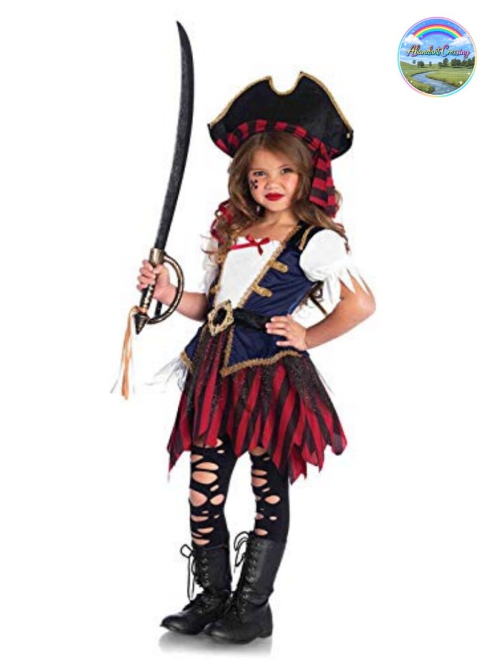Girls Caribbean Pirate Costume Dress Hat Set Puffy Sleeves Gold Trim